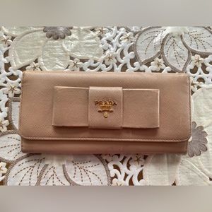 PRADA Safiano Leather Long Wallet Beige Large Bow Gold Logo Italy  *wear